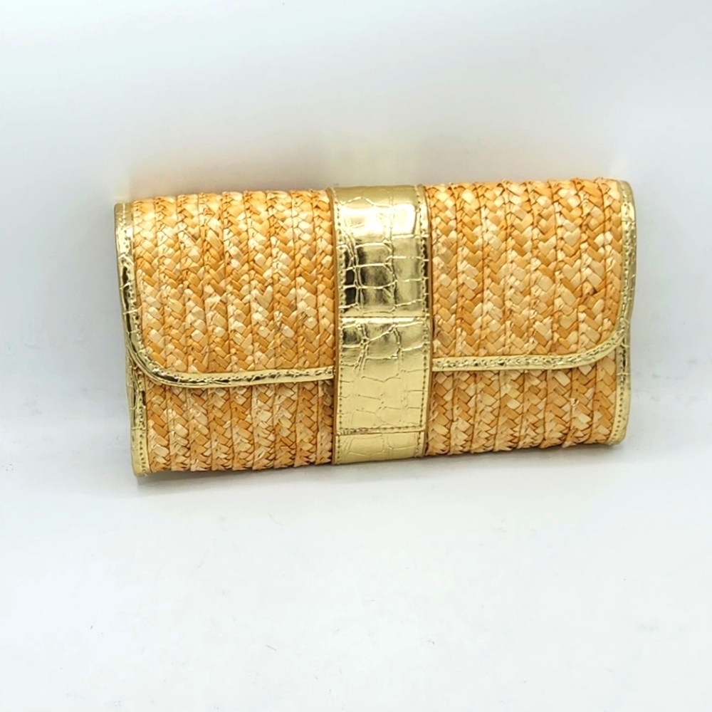 Big Buddha Straw Faux Leather Gold Crocs Trim Accents Fold Over Clutch